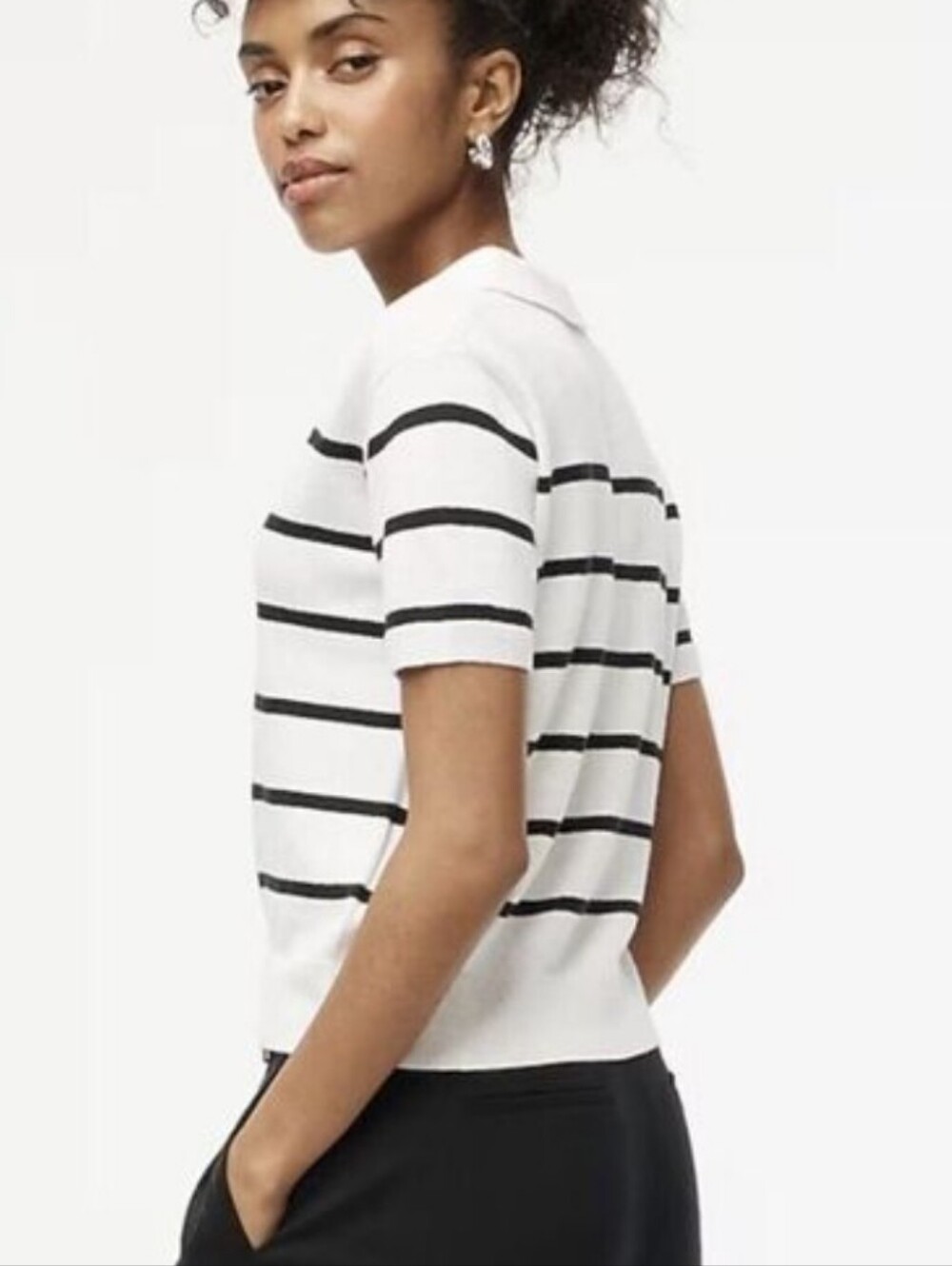 J CREW White Striped Linen-Blend Short Sleeve Polo Sweater Top Coastal 2024 Sz S - Picture 8 of 12